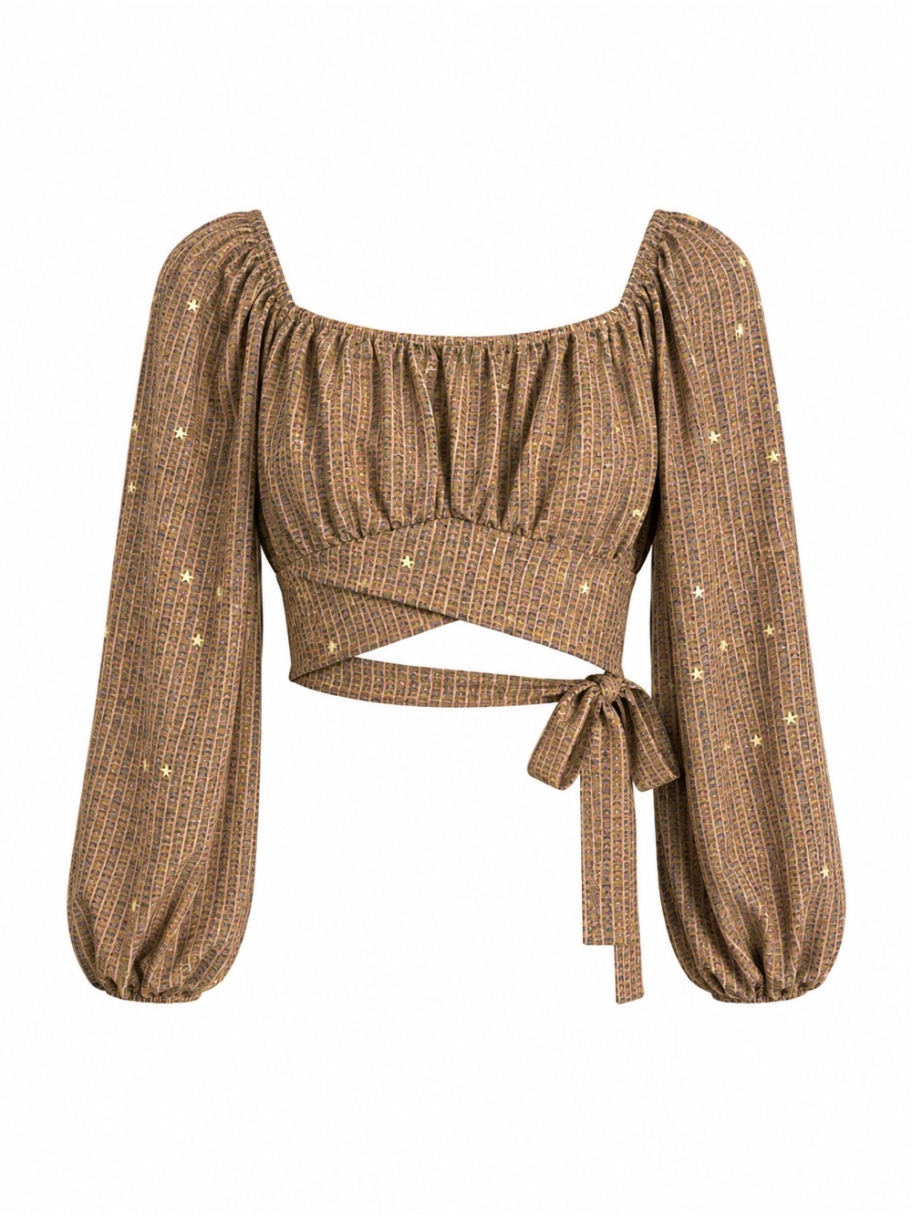 Papaya Brown Star-Print Wrap Tie Crop Top